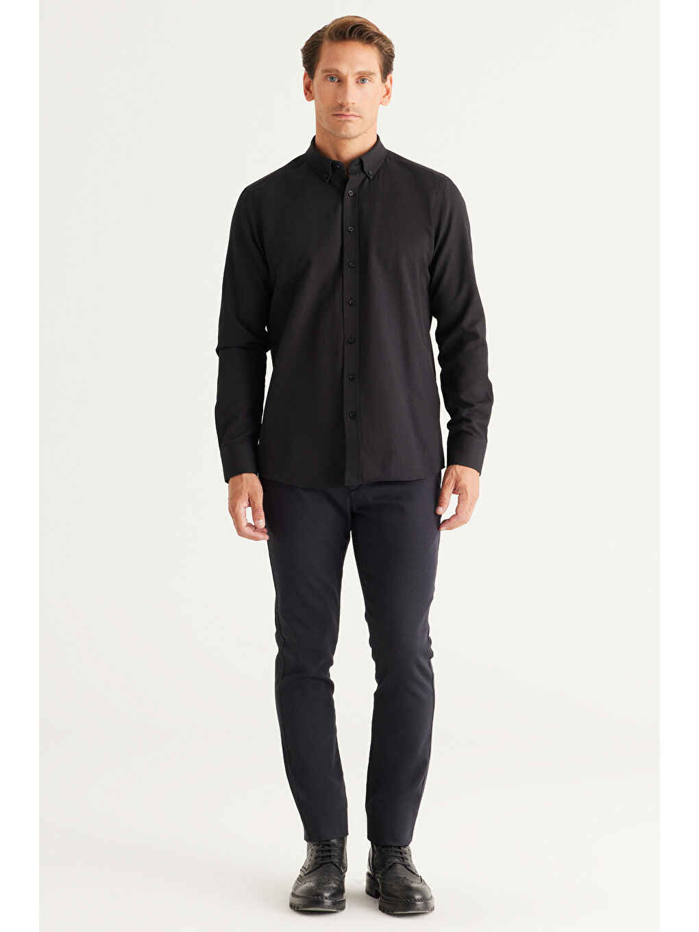 Erkek Mavi-Siyah 2'li Pamuklu Kolay Ütülenebilir Slim Fit Dar Kesim Oxford Gömlek Paketi-6