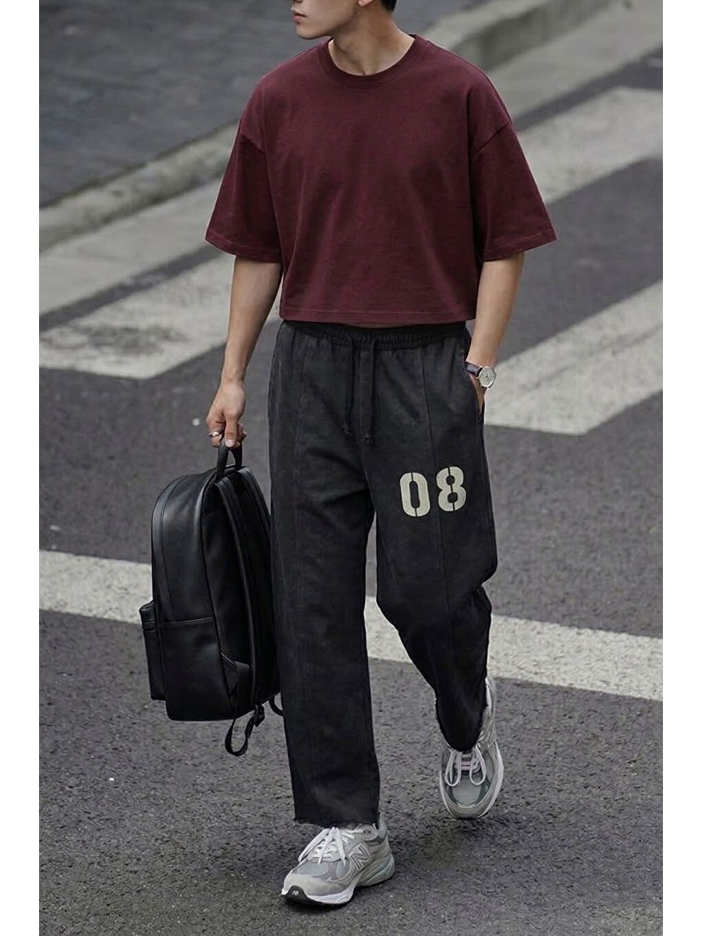 Erkek Baggy Fit Vintage Yıkamalı 08 Baskılı Eşofman Altı Siyah-2