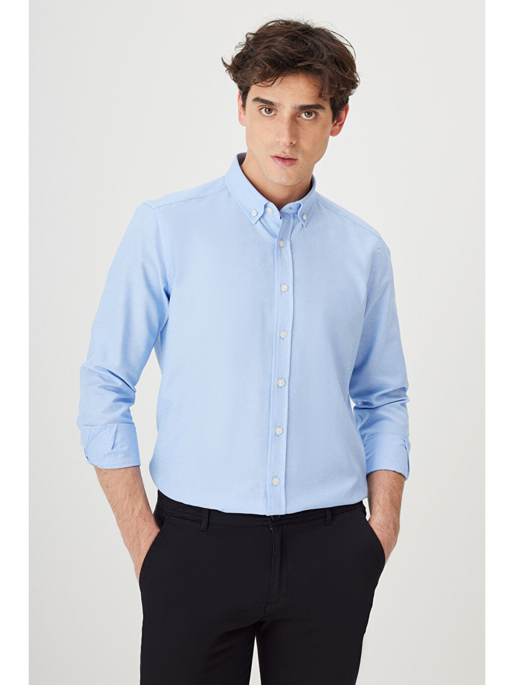 Erkek Mavi-Siyah 2'li Pamuklu Kolay Ütülenebilir Slim Fit Dar Kesim Oxford Gömlek Paketi-8