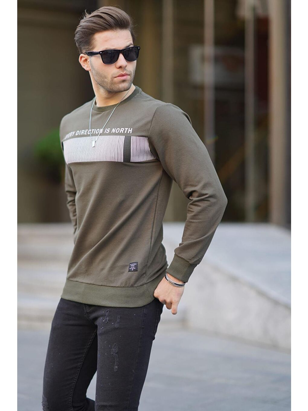 Madmext Haki Bisiklet Yaka Kol Detaylı Erkek Sweatshirt 2139