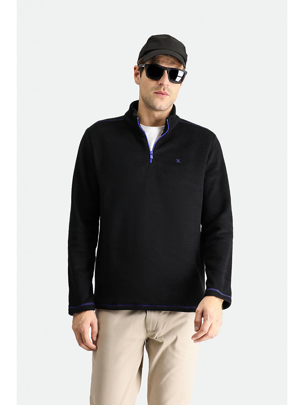 Siyah Yarım Fermuarlı Nakışlı Polar Büyük Beden Sweatshirt