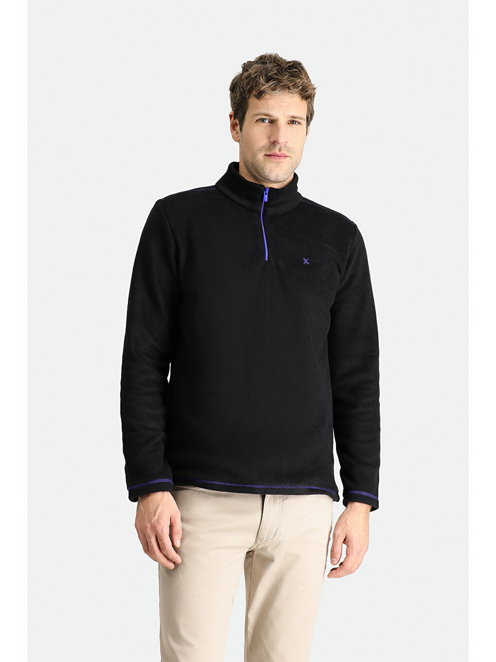 Siyah Yarım Fermuarlı Nakışlı Polar Büyük Beden Sweatshirt-2