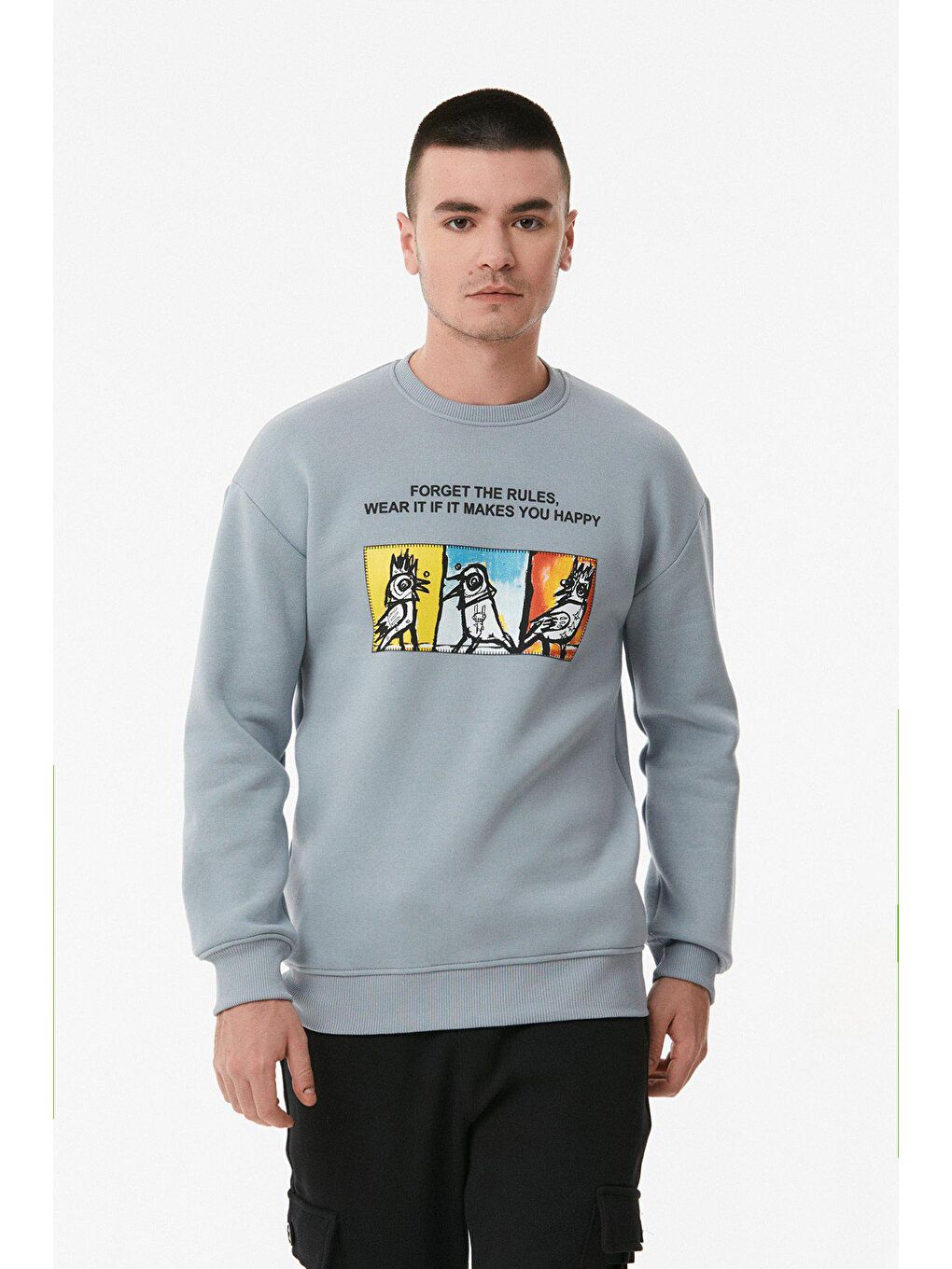 Mavi Baskılı Bisiklet Yaka Sweatshirt