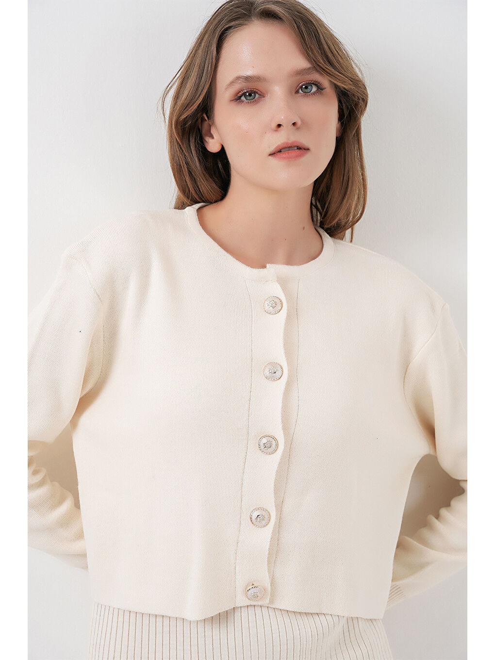 Kadın Hırka Elbise Triko İkili Takım 15960 - Ekru-1