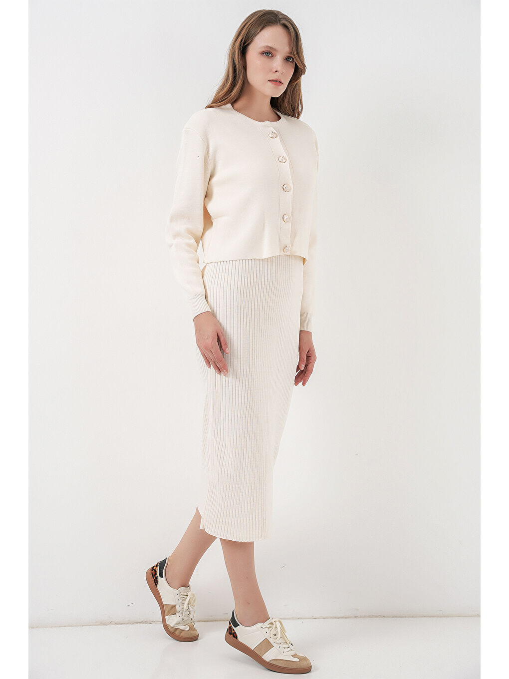 Kadın Hırka Elbise Triko İkili Takım 15960 - Ekru-2