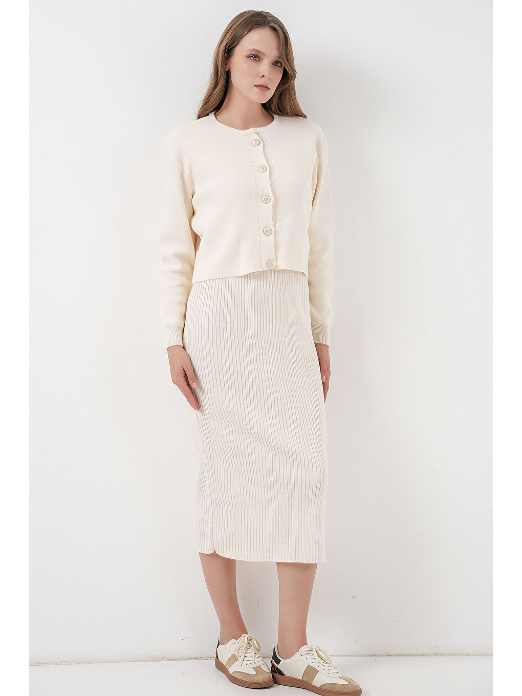 Kadın Hırka Elbise Triko İkili Takım 15960 - Ekru-3