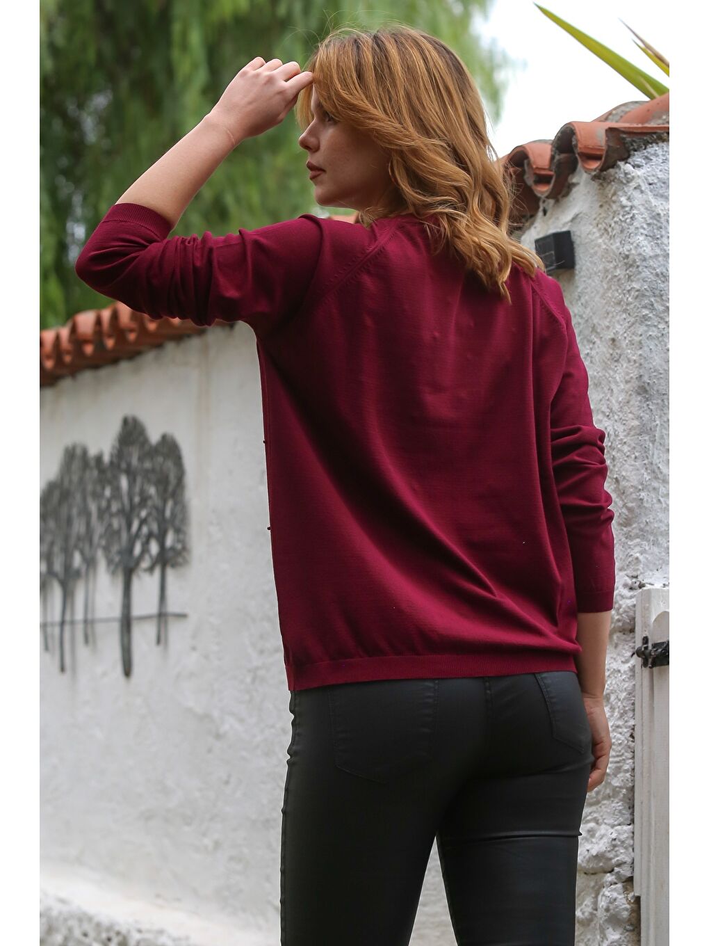 Bordo Yuvarlak Yaka Uzun Kol İnce Boncuklu Triko Bluz 68 66-1