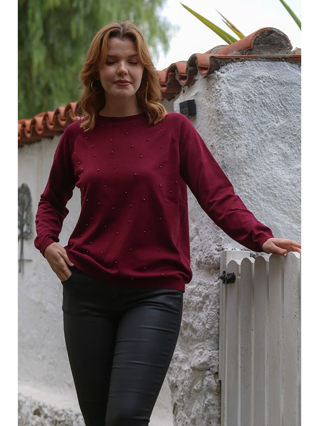 Bordo Yuvarlak Yaka Uzun Kol İnce Boncuklu Triko Bluz 68 66-2