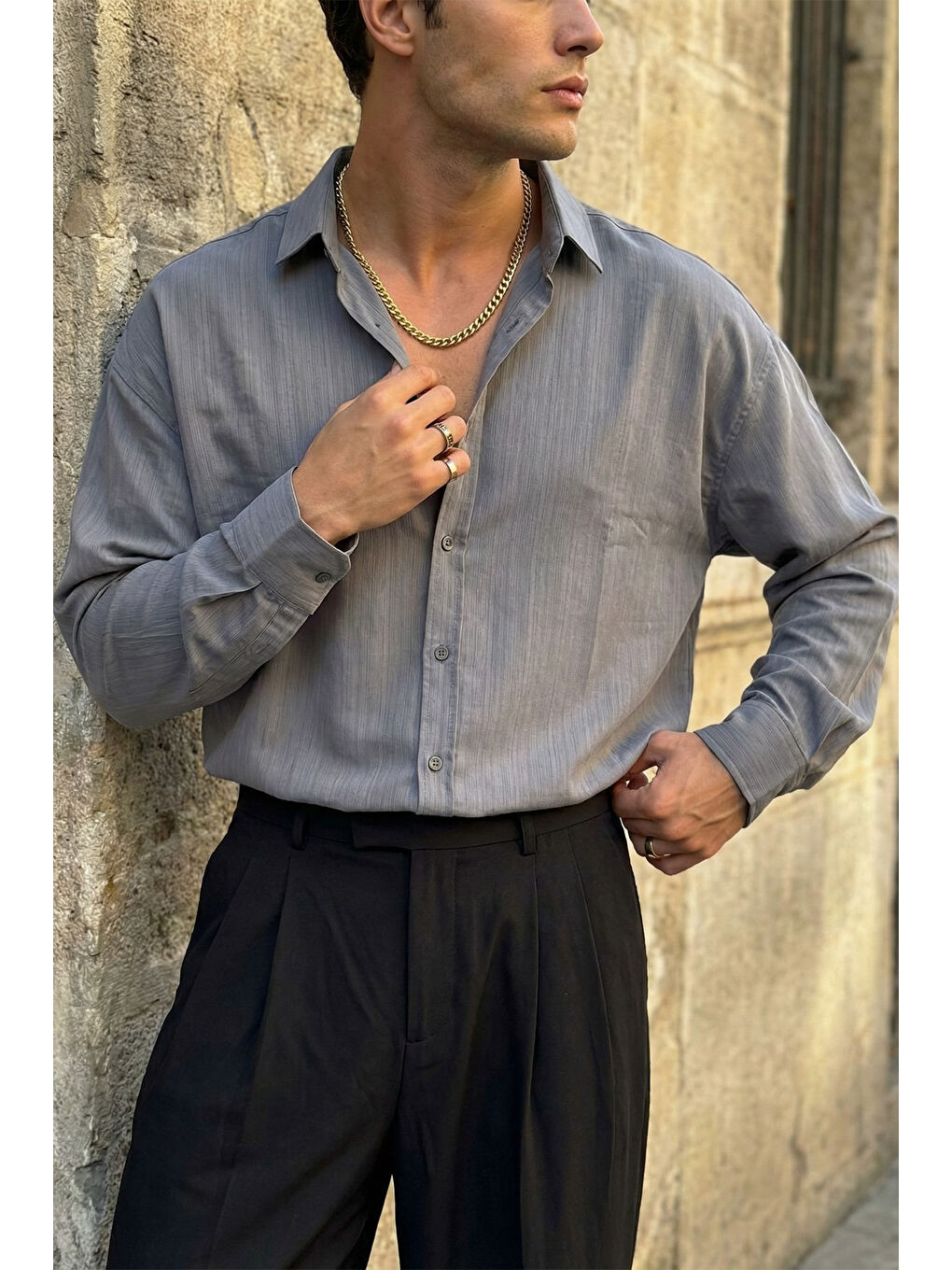 Gri Hive Premium Oversize Erkek Gömlek Kendinden Çizgili
