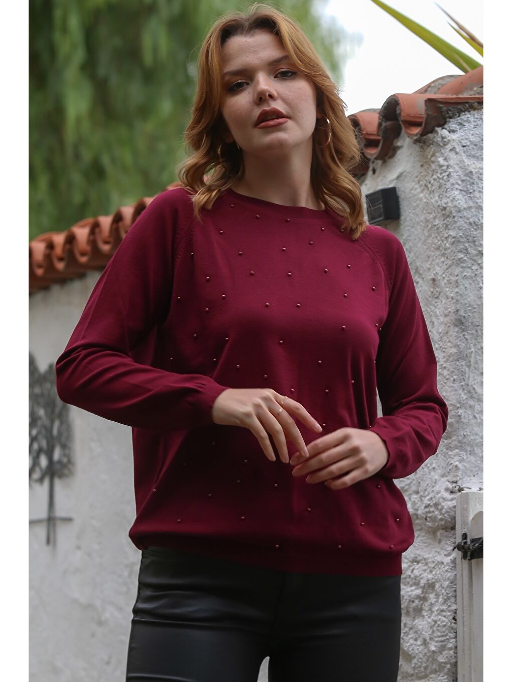 Bordo Yuvarlak Yaka Uzun Kol İnce Boncuklu Triko Bluz 68 66-3