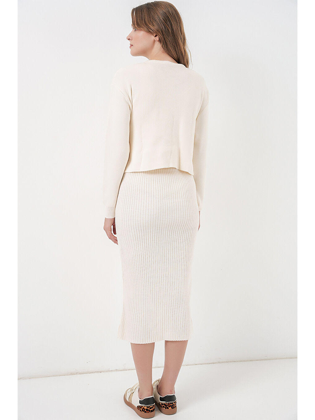 Kadın Hırka Elbise Triko İkili Takım 15960 - Ekru-5