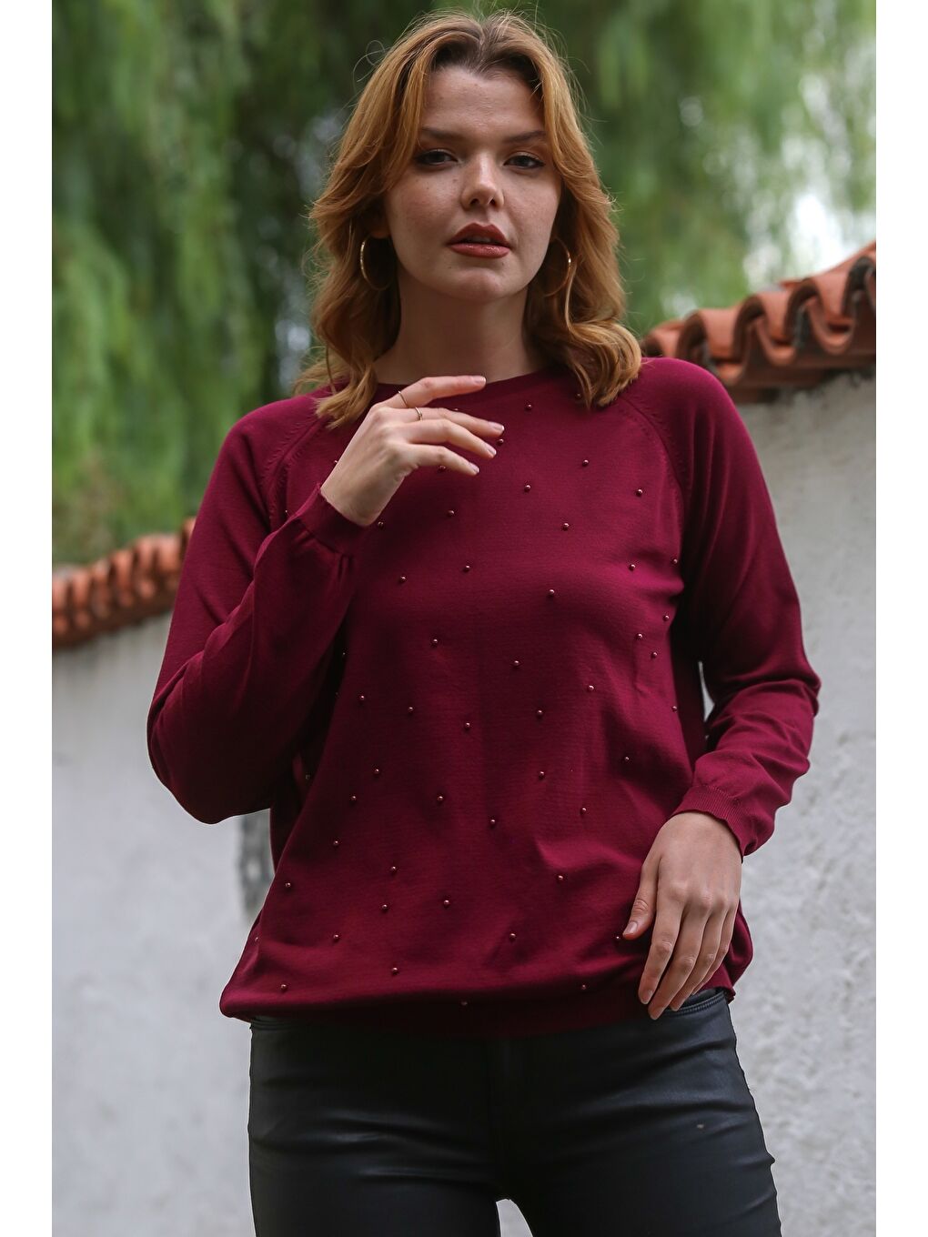 Bordo Yuvarlak Yaka Uzun Kol İnce Boncuklu Triko Bluz 68 66-4