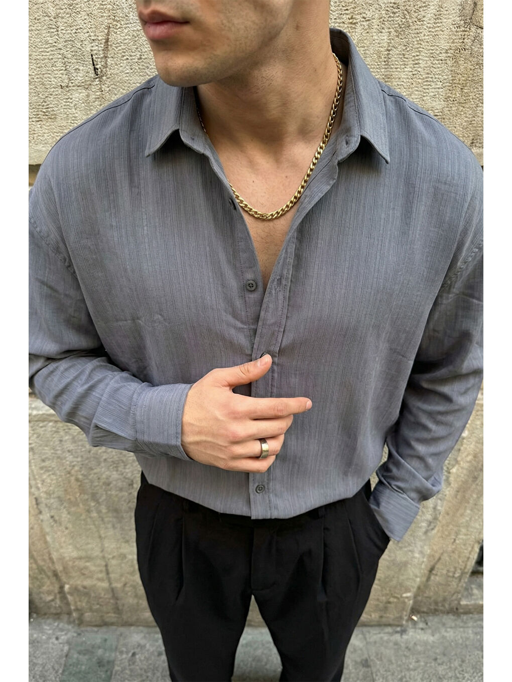 Gri Hive Premium Oversize Erkek Gömlek Kendinden Çizgili-1