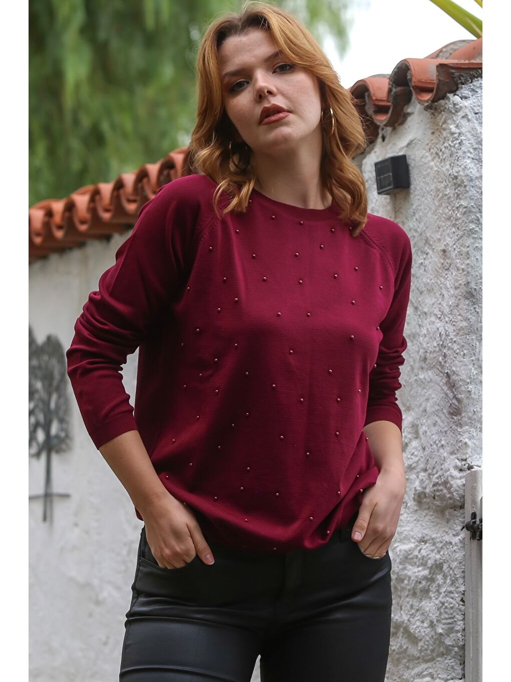 Bordo Yuvarlak Yaka Uzun Kol İnce Boncuklu Triko Bluz 68 66-5