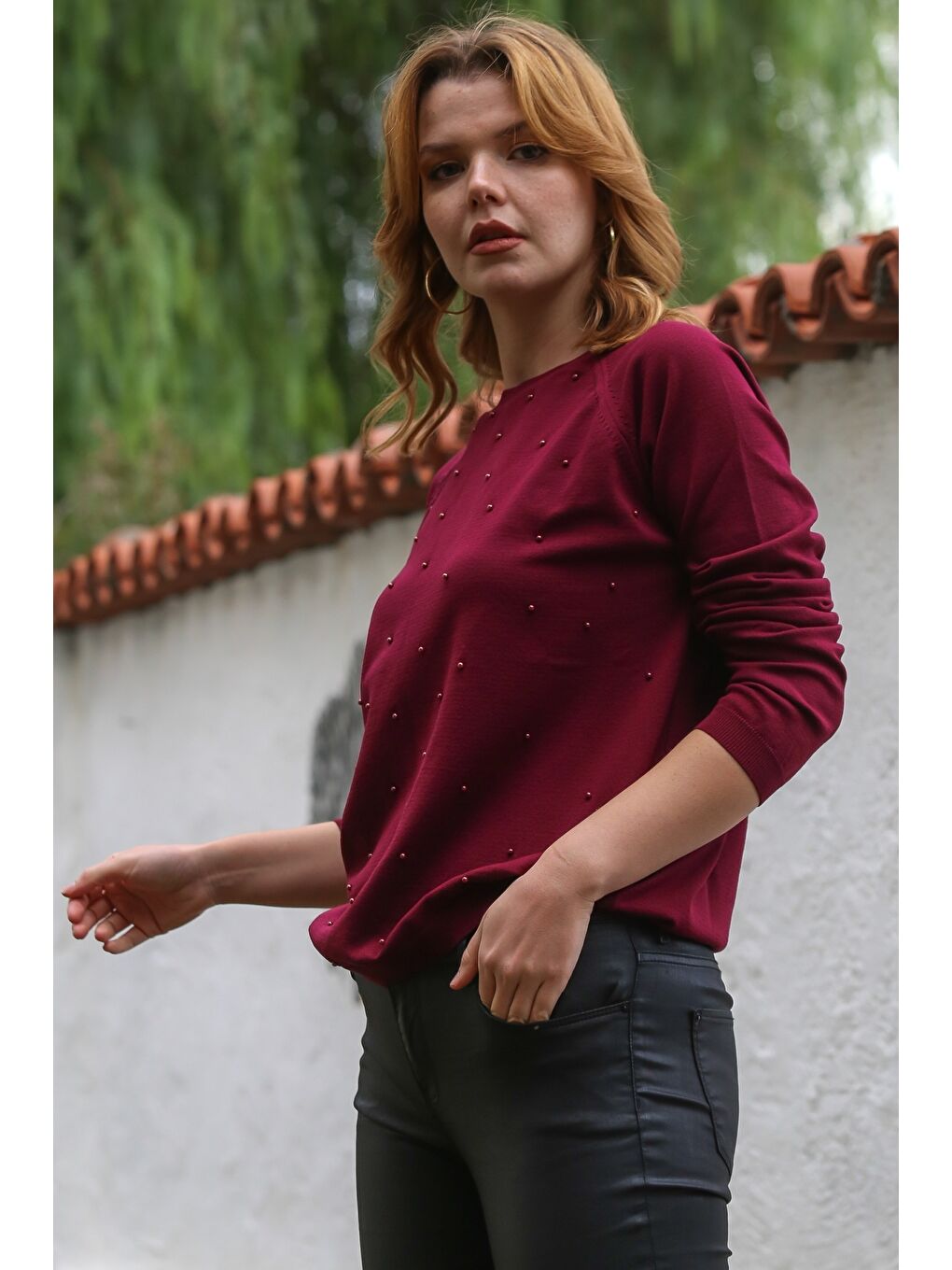 Bordo Yuvarlak Yaka Uzun Kol İnce Boncuklu Triko Bluz 68 66-6