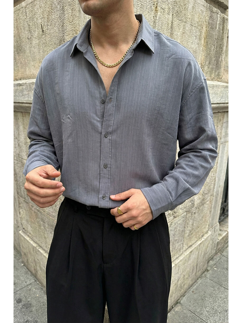 Gri Hive Premium Oversize Erkek Gömlek Kendinden Çizgili-2