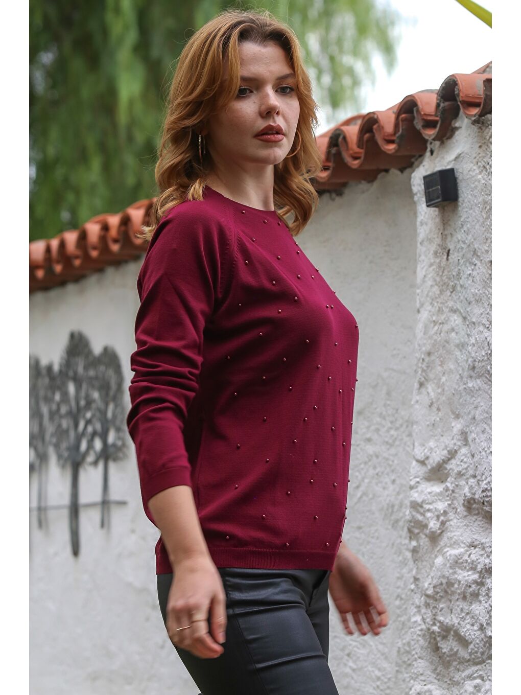 Bordo Yuvarlak Yaka Uzun Kol İnce Boncuklu Triko Bluz 68 66-7
