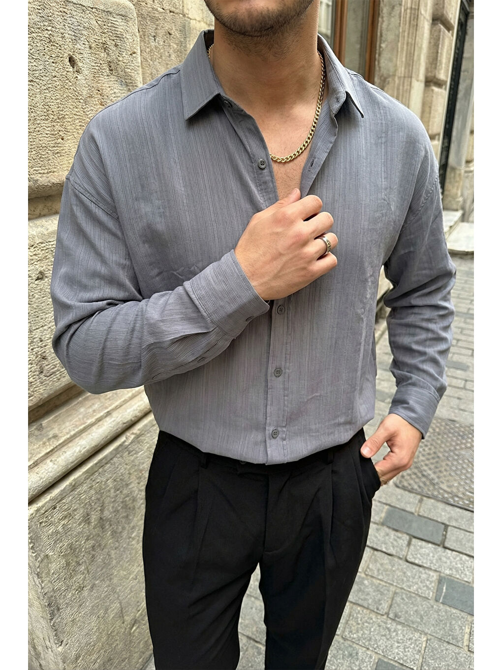 Gri Hive Premium Oversize Erkek Gömlek Kendinden Çizgili-3