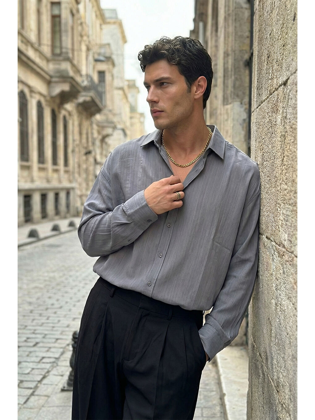 Gri Hive Premium Oversize Erkek Gömlek Kendinden Çizgili-4