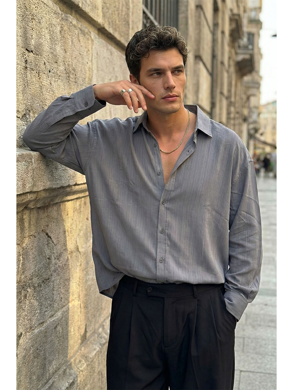 Gri Hive Premium Oversize Erkek Gömlek Kendinden Çizgili-5