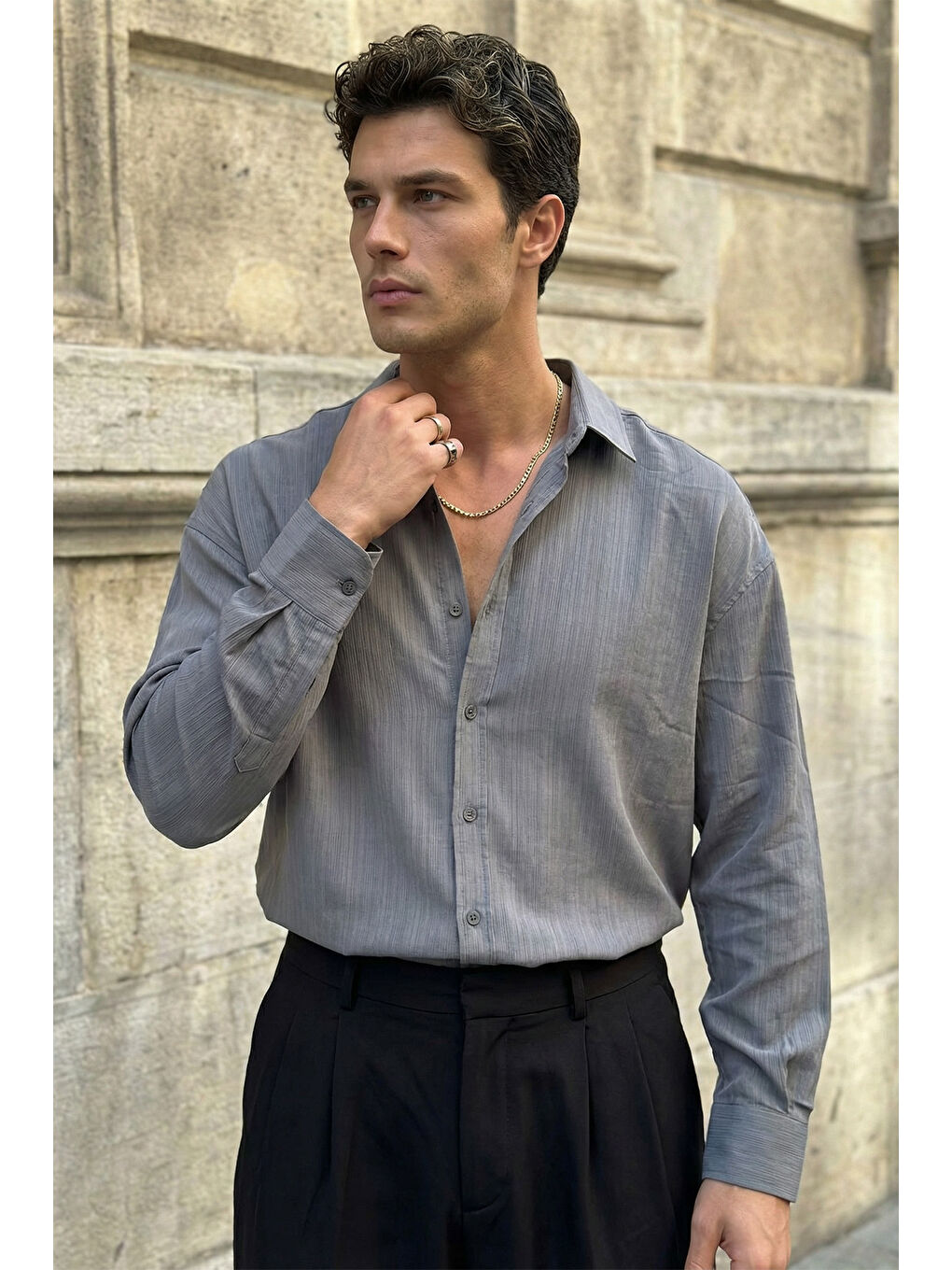 Gri Hive Premium Oversize Erkek Gömlek Kendinden Çizgili-6