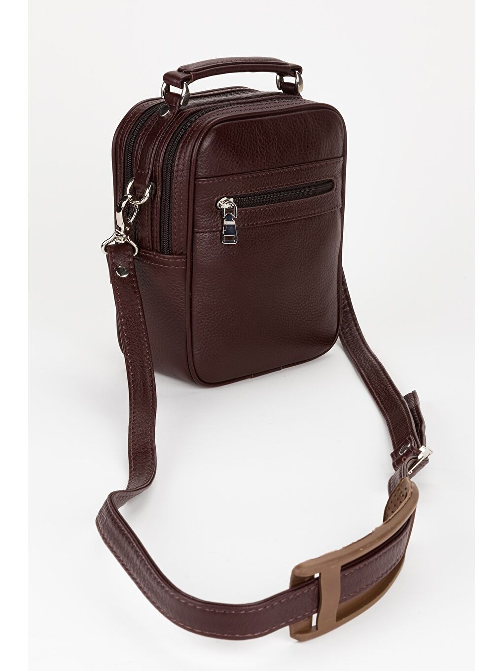 Kahverengi %100 Hakiki Deri Erkek Küçük Boy El ve Çapraz Omuz Çantası-2