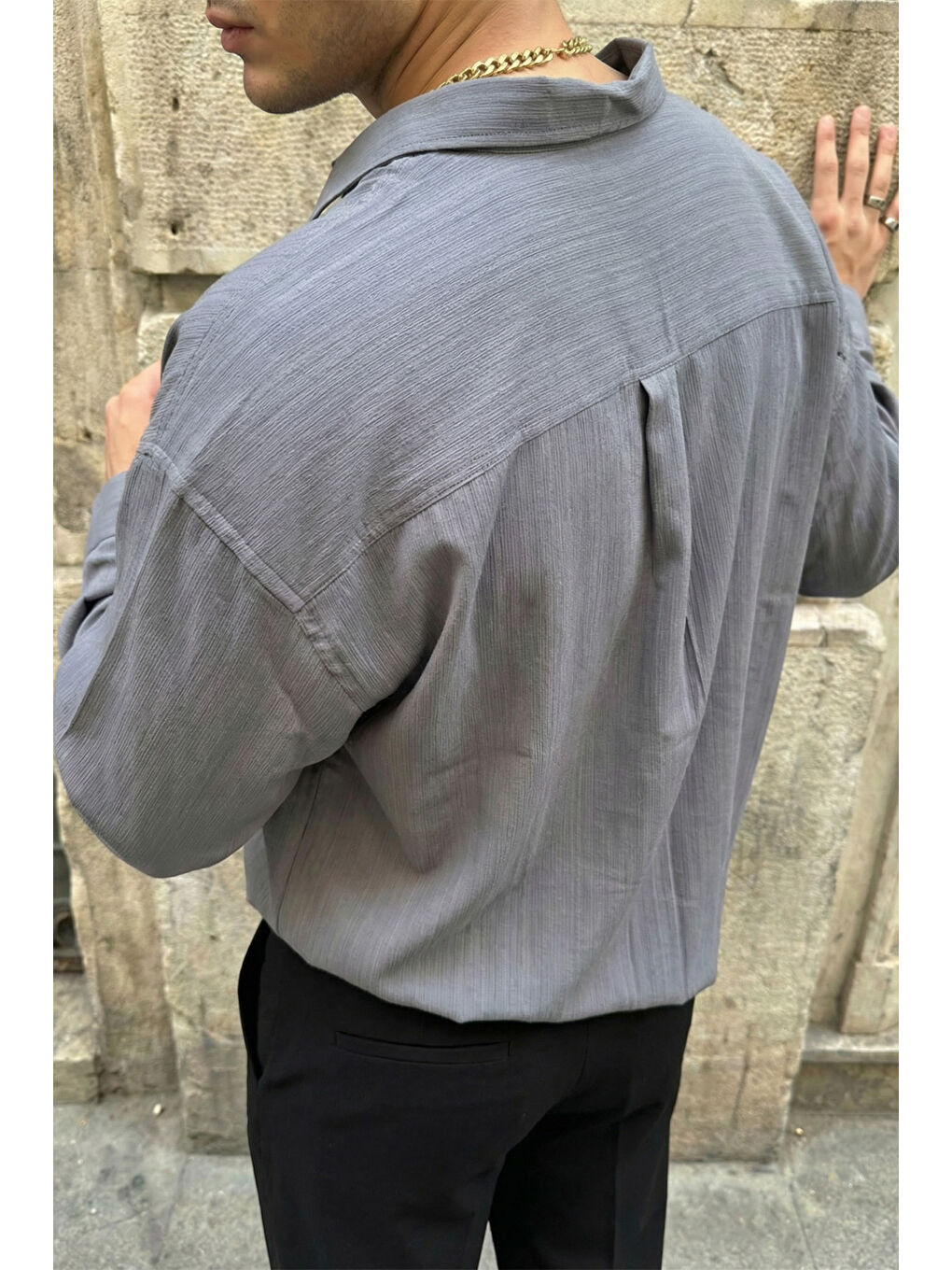 Gri Hive Premium Oversize Erkek Gömlek Kendinden Çizgili-7