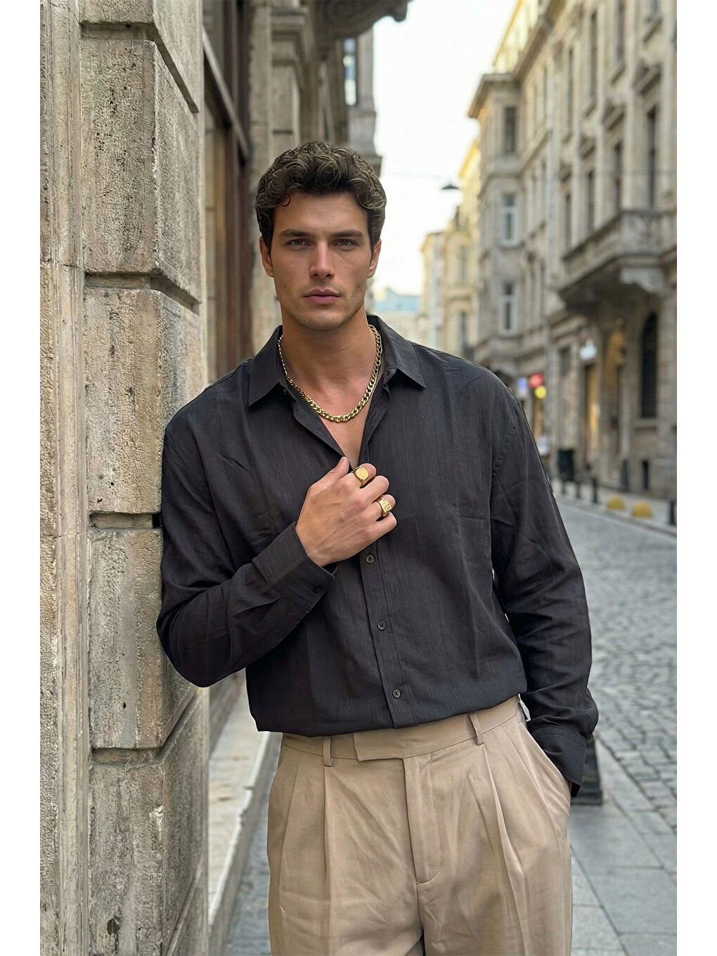 Siyah Hive Premium Oversize Erkek Gömlek Kendinden Çizgili