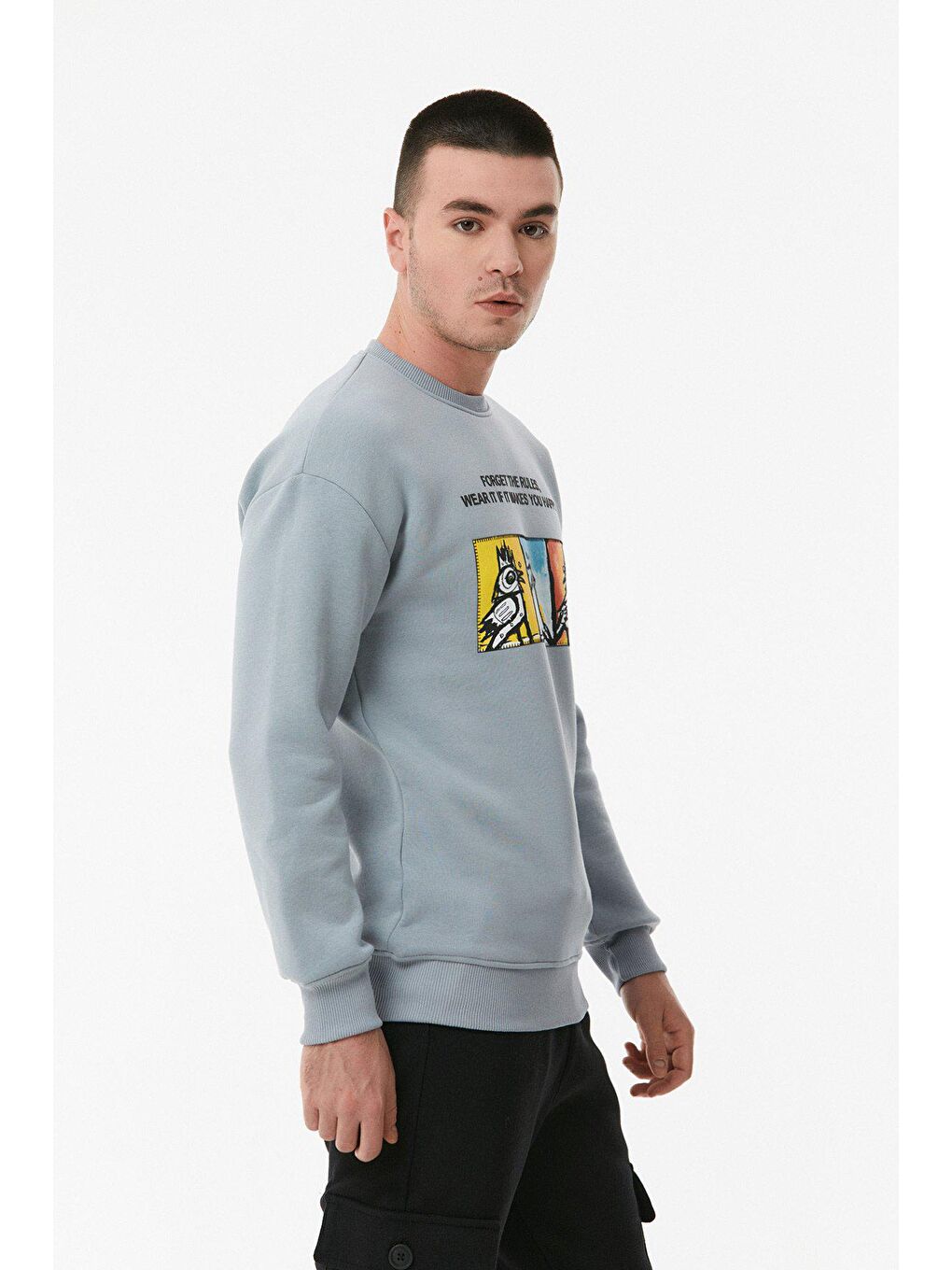 Mavi Baskılı Bisiklet Yaka Sweatshirt-2