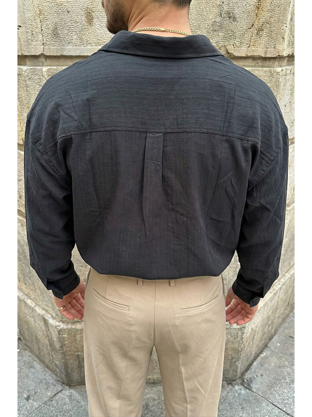 Siyah Hive Premium Oversize Erkek Gömlek Kendinden Çizgili-1