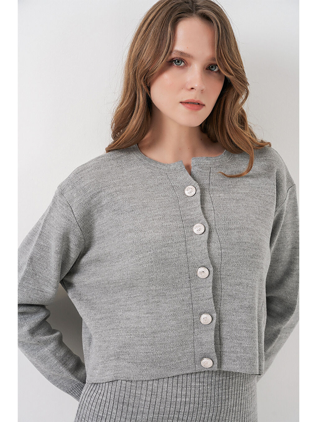 Kadın Hırka Elbise Triko İkili Takım 15960 - Gri-1