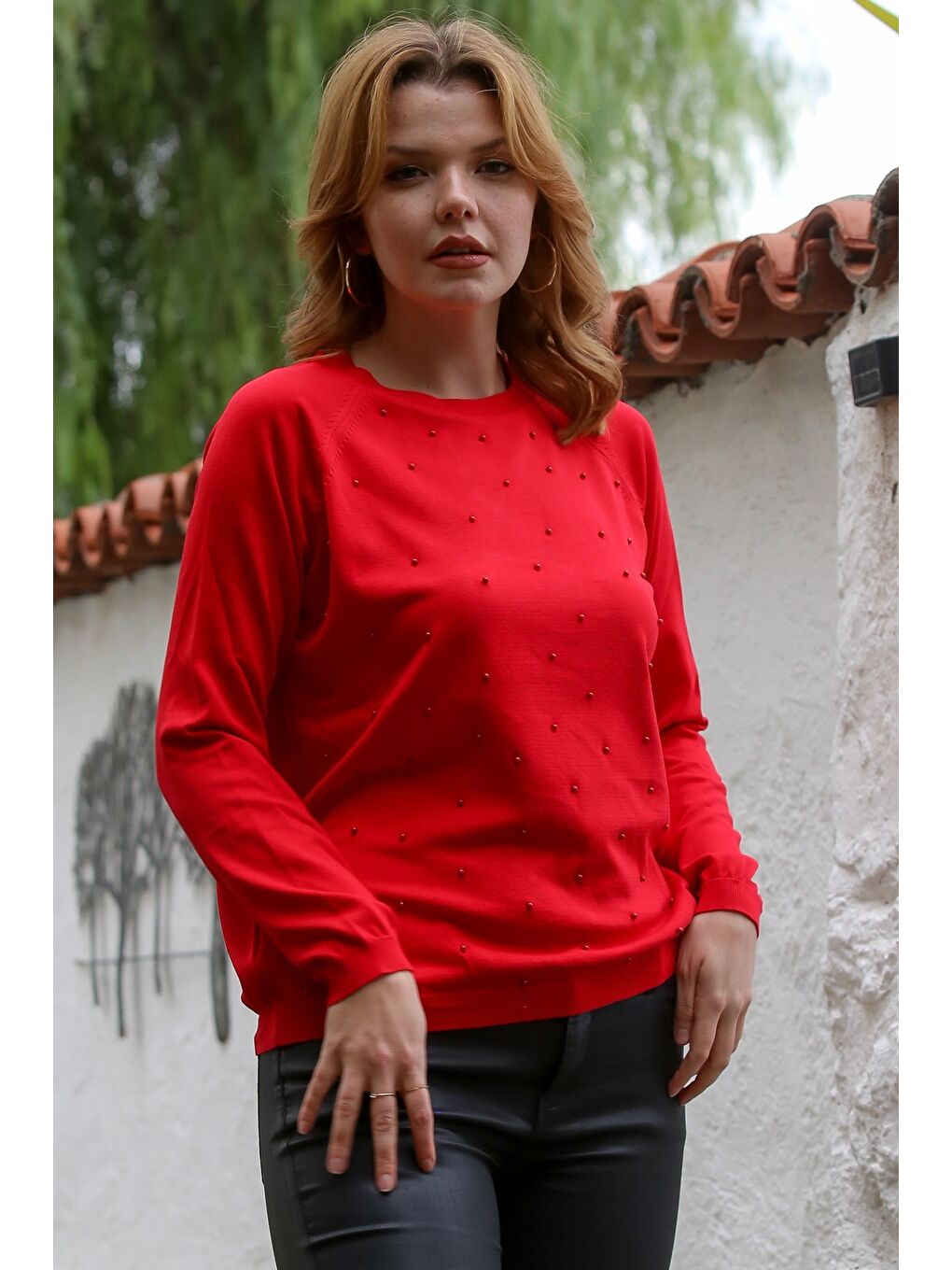 Kırmızı Yuvarlak Yaka Uzun Kol İnce Boncuklu Triko Bluz 68 66-5