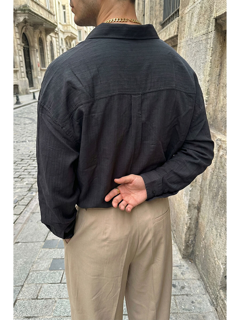 Siyah Hive Premium Oversize Erkek Gömlek Kendinden Çizgili-2