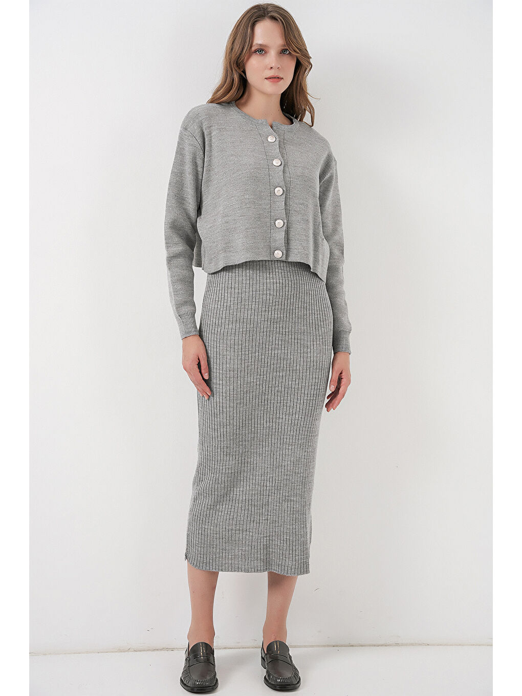 Kadın Hırka Elbise Triko İkili Takım 15960 - Gri-2