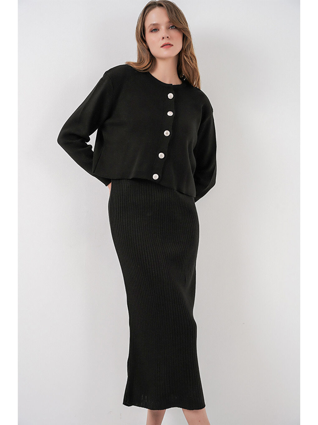 Kadın Hırka Elbise Triko İkili Takım 15960 - Siyah