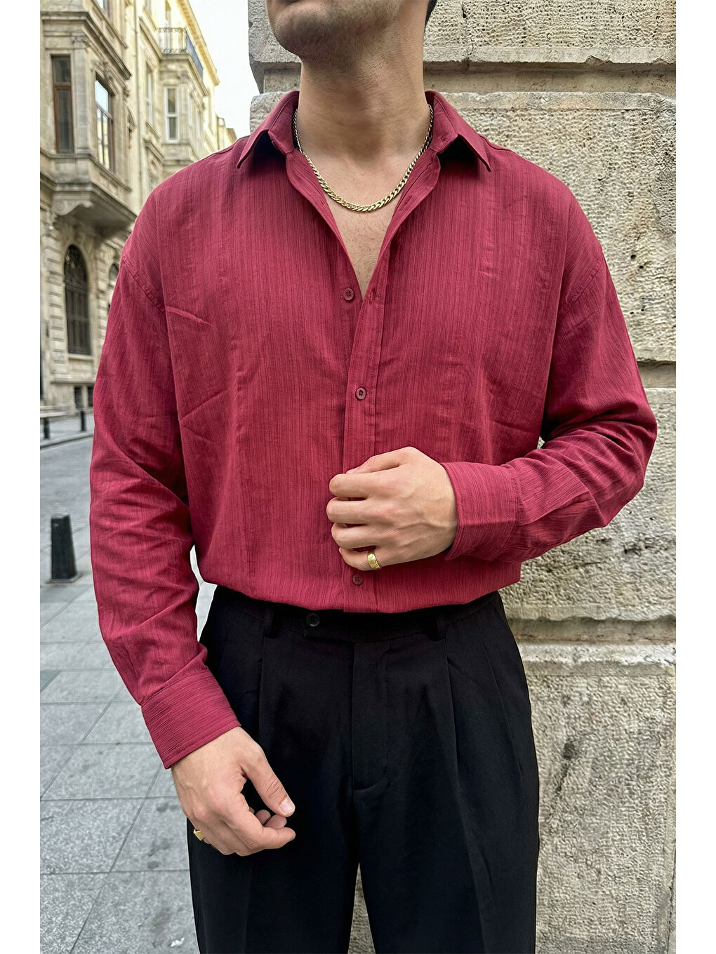 Bordo Hive Premium Oversize Erkek Gömlek Kendinden Çizgili-1