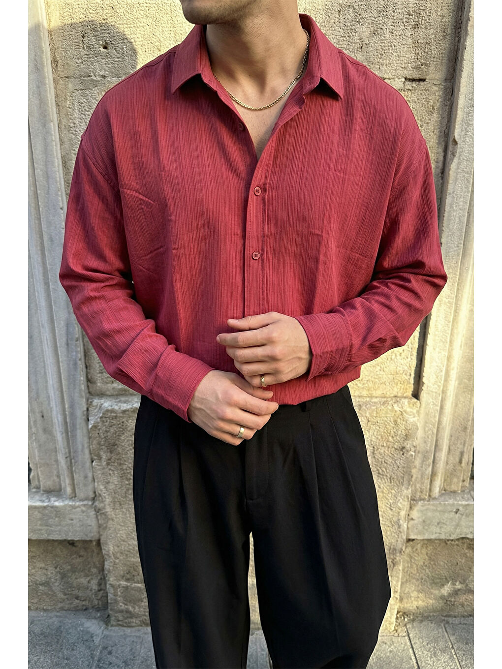 Bordo Hive Premium Oversize Erkek Gömlek Kendinden Çizgili-2