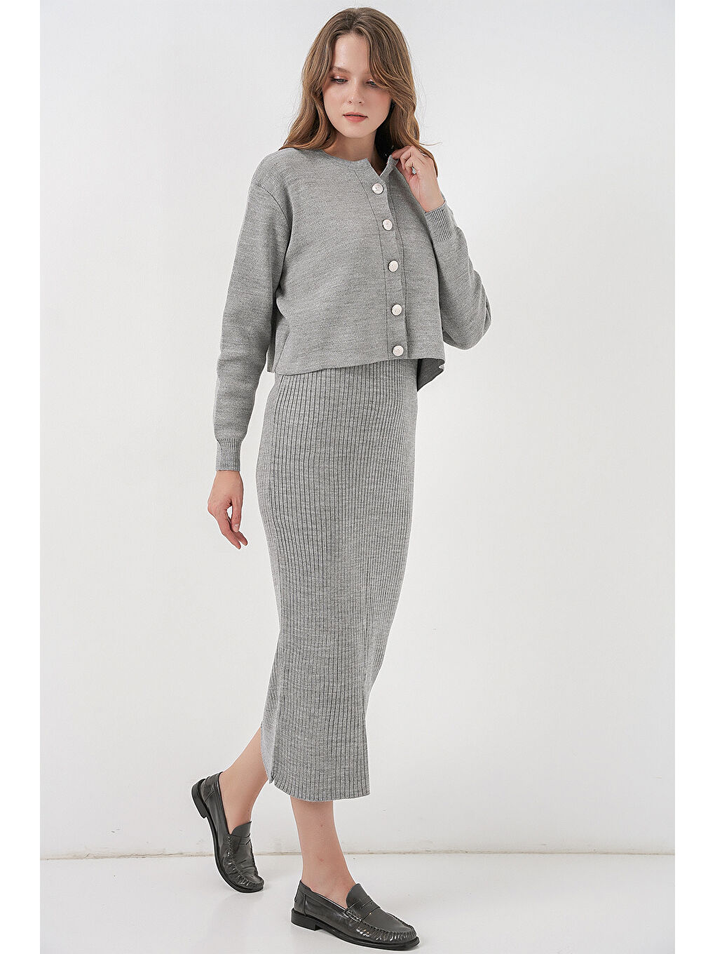 Kadın Hırka Elbise Triko İkili Takım 15960 - Gri-3