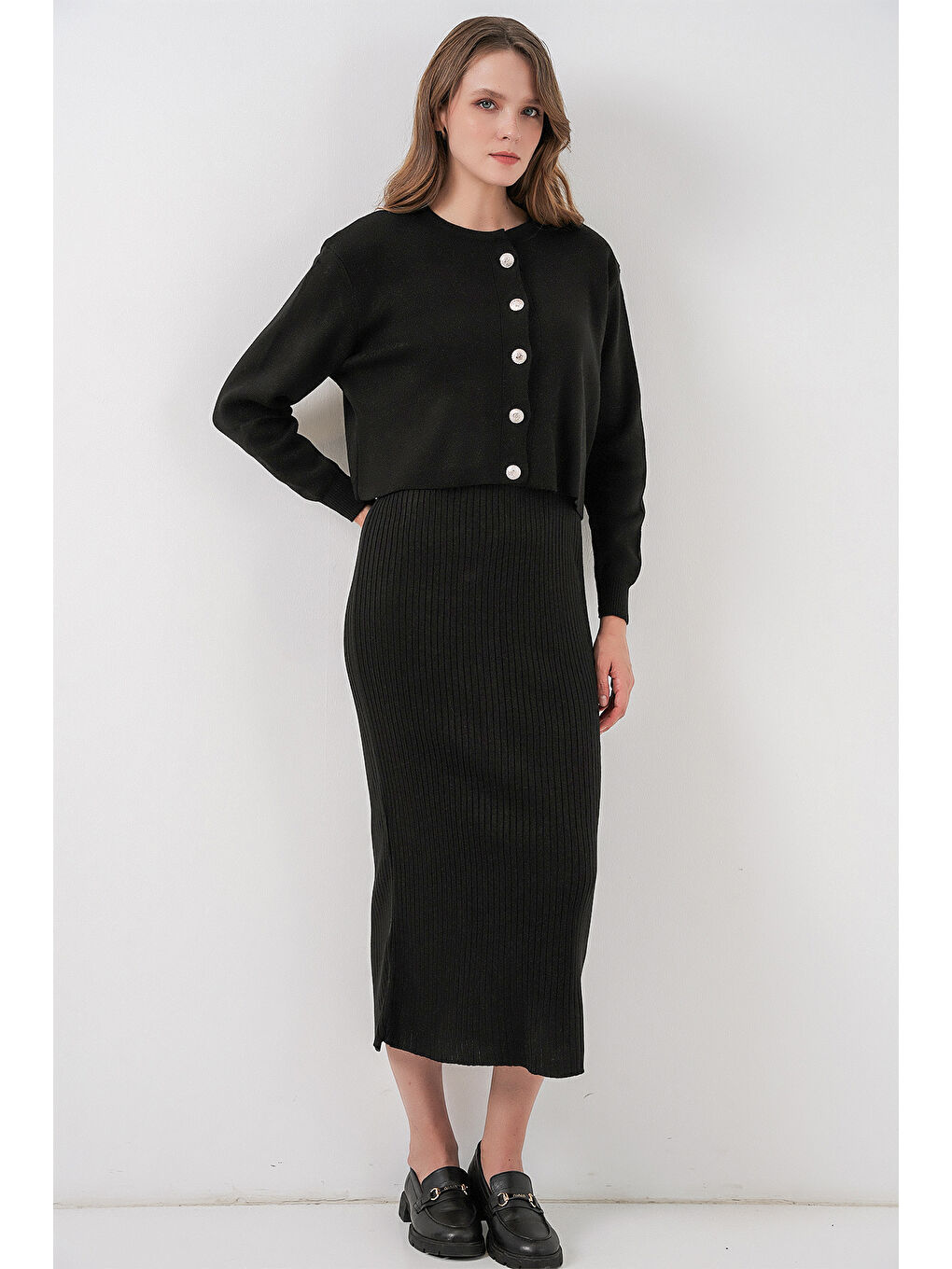 Kadın Hırka Elbise Triko İkili Takım 15960 - Siyah-2