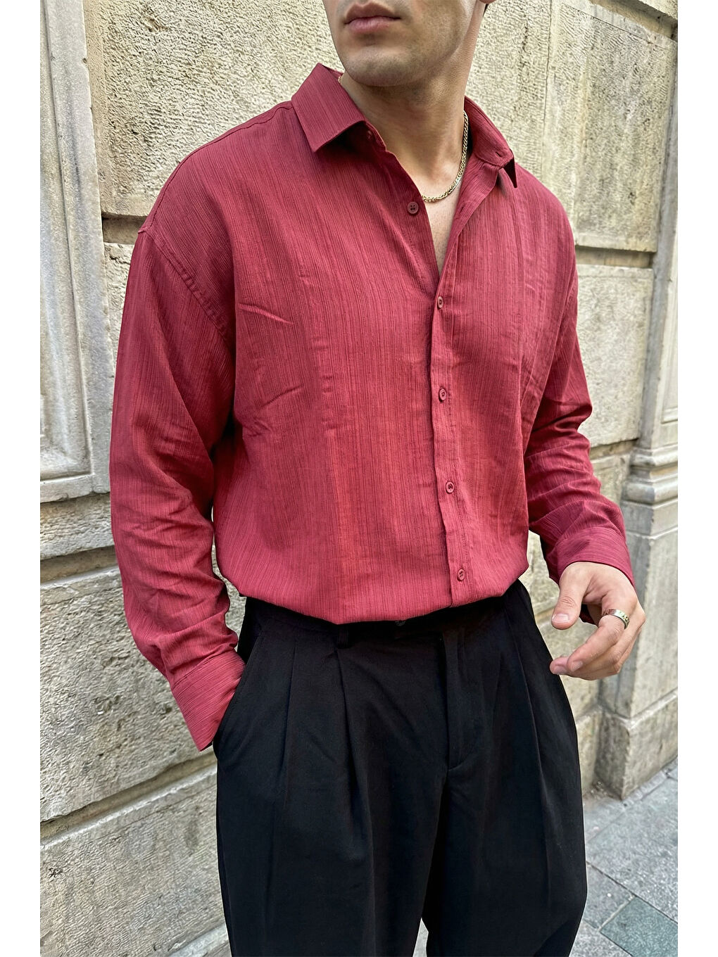 Bordo Hive Premium Oversize Erkek Gömlek Kendinden Çizgili-3