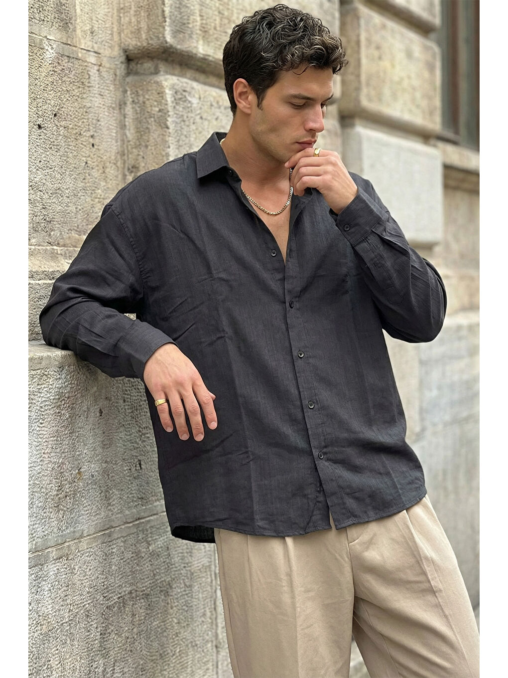 Siyah Hive Premium Oversize Erkek Gömlek Kendinden Çizgili-4