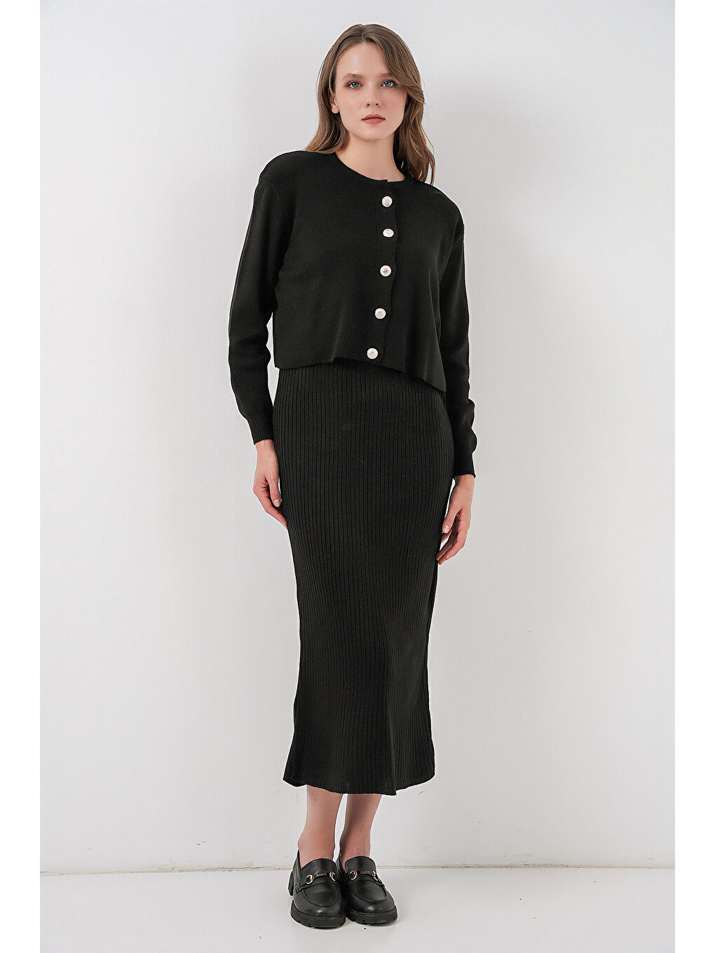 Kadın Hırka Elbise Triko İkili Takım 15960 - Siyah-3