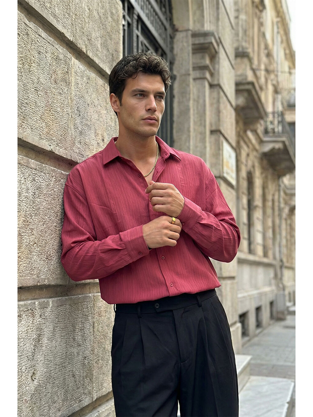 Bordo Hive Premium Oversize Erkek Gömlek Kendinden Çizgili-4