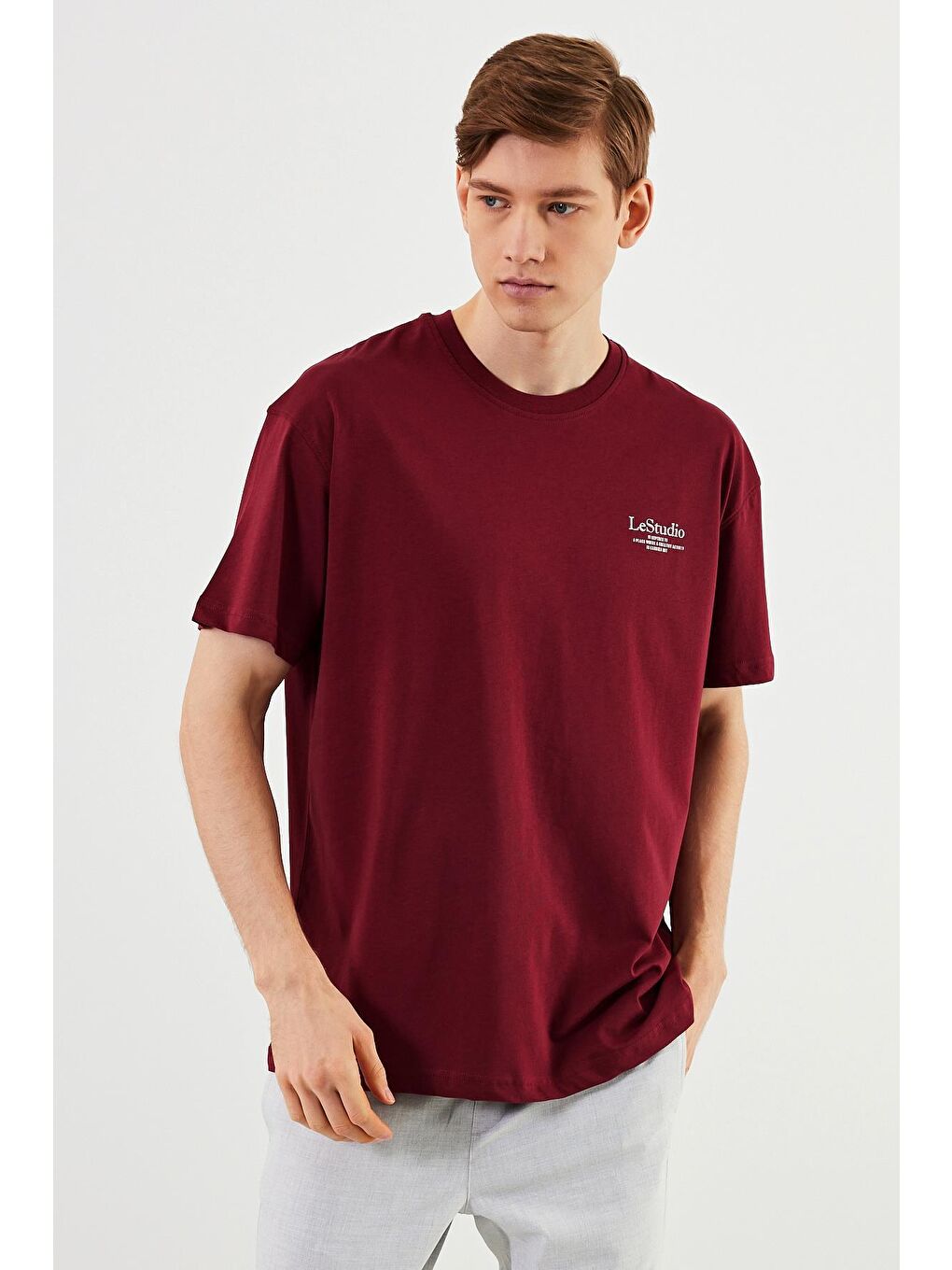 MMETALIC Bordo Leo Erkek Oversize Tshirt %100 Pamuk Bisiklet Yaka Baskı Detaylı Basic Tişört MTLCE86 - 1