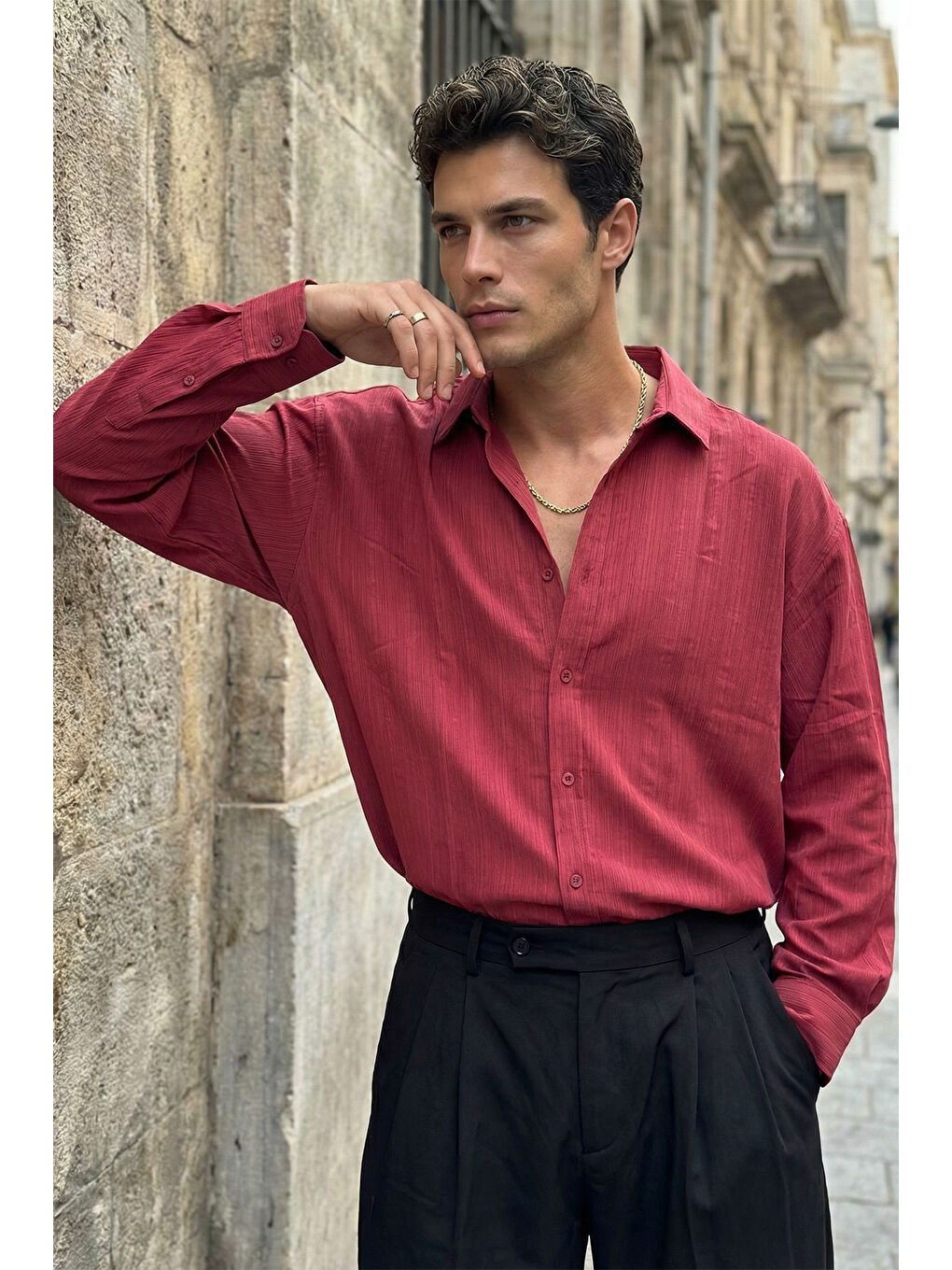 Bordo Hive Premium Oversize Erkek Gömlek Kendinden Çizgili-5