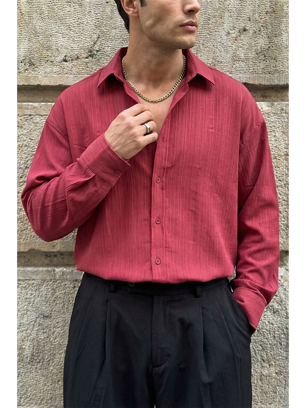 Bordo Hive Premium Oversize Erkek Gömlek Kendinden Çizgili-6