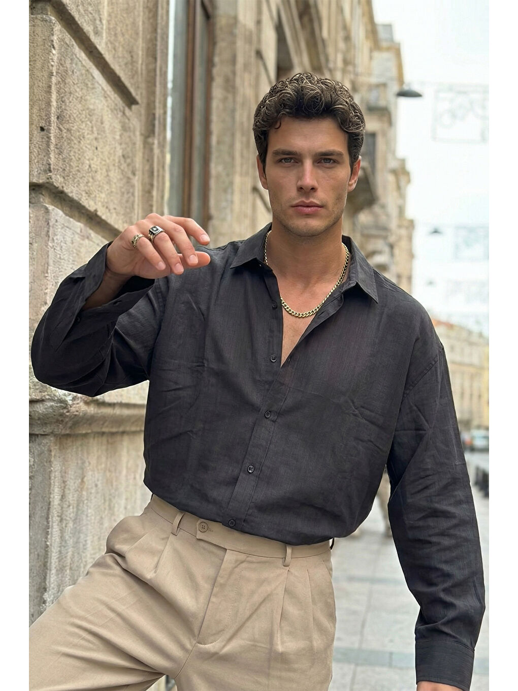 Siyah Hive Premium Oversize Erkek Gömlek Kendinden Çizgili-5