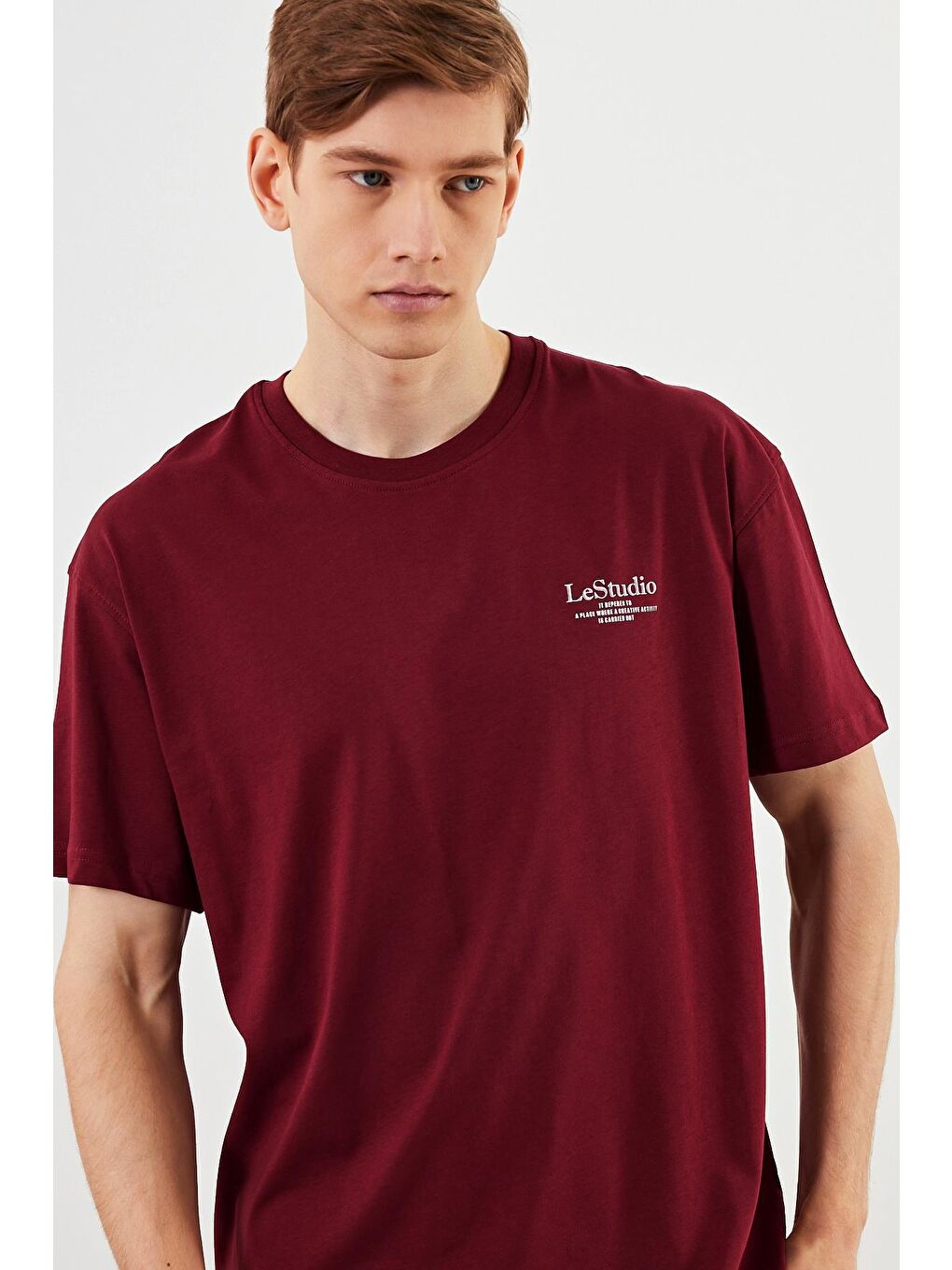 MMETALIC Bordo Leo Erkek Oversize Tshirt %100 Pamuk Bisiklet Yaka Baskı Detaylı Basic Tişört MTLCE86 - 2