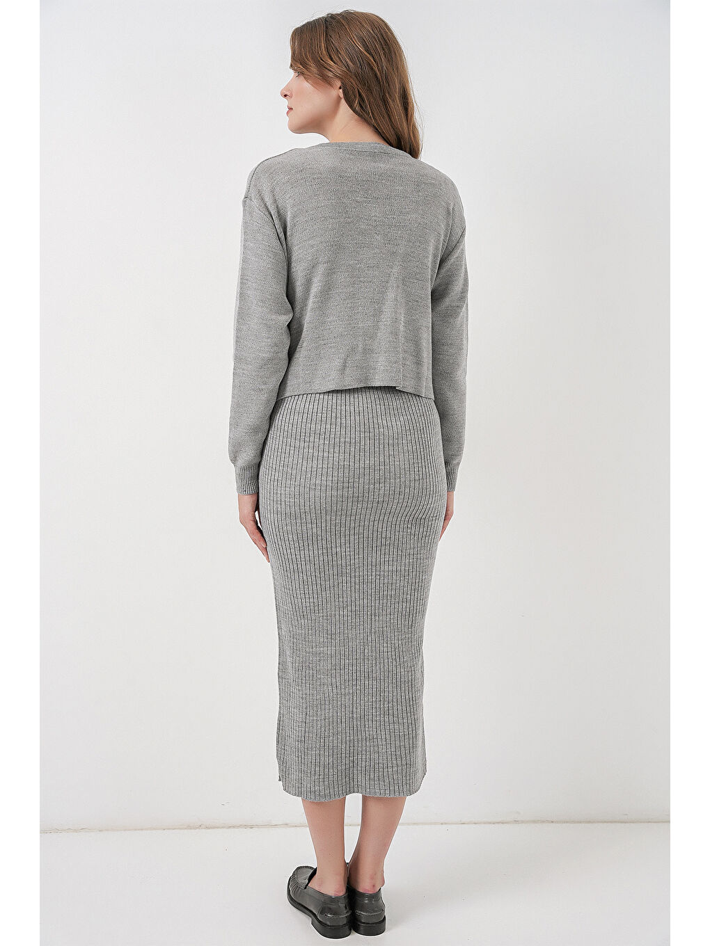 Kadın Hırka Elbise Triko İkili Takım 15960 - Gri-5