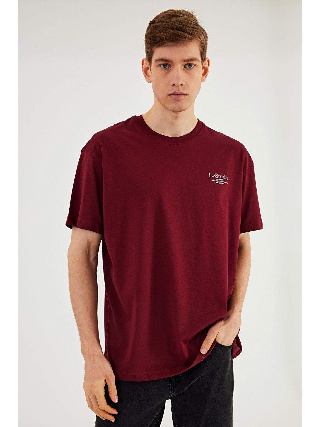 MMETALIC Bordo Leo Erkek Oversize Tshirt %100 Pamuk Bisiklet Yaka Baskı Detaylı Basic Tişört MTLCE86 - 3